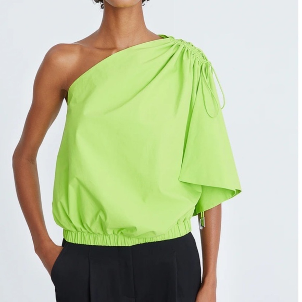 Halston Jianna Shirting Asymmetric Neon Lime Top